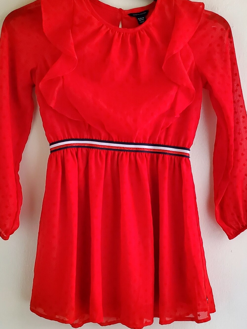 Tommy Hilfiger Red Ruffle Long-Sleeve Dress with Striped Waistband